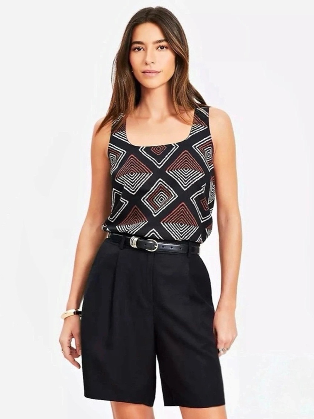 LOFT Linen Blend Easy Tank Top Geometric Linen Blend Tank - Medium NWT
